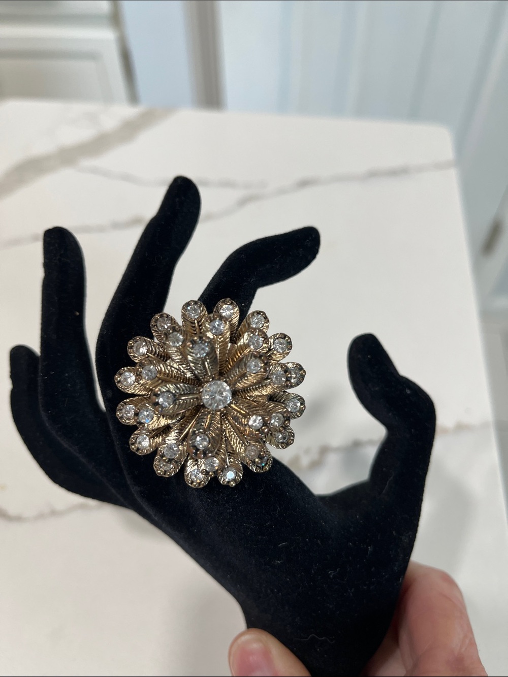 Gold-Tone Floral Crystal Brooch statement  ring- Unbranded